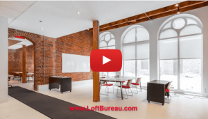 Trois espaces bureau style loft dans le Vieux‑Montréal, incluant le 145 Saint‑Pierre avec murs de pierre, grande fenestration et plafonds hauts