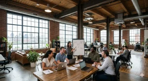 Équipe en collaboration dans un bureau style loft à Montréal