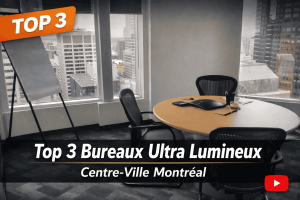 Bureau vitré au centre‑ville de Montréal avec vue sur les tours et mobilier moderne